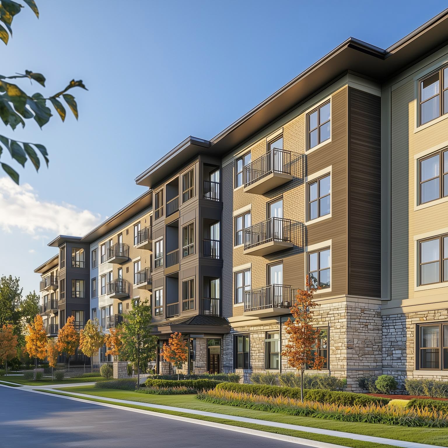 Street view of a contemporary four-story apartment building with balconies and autumn landscaping.