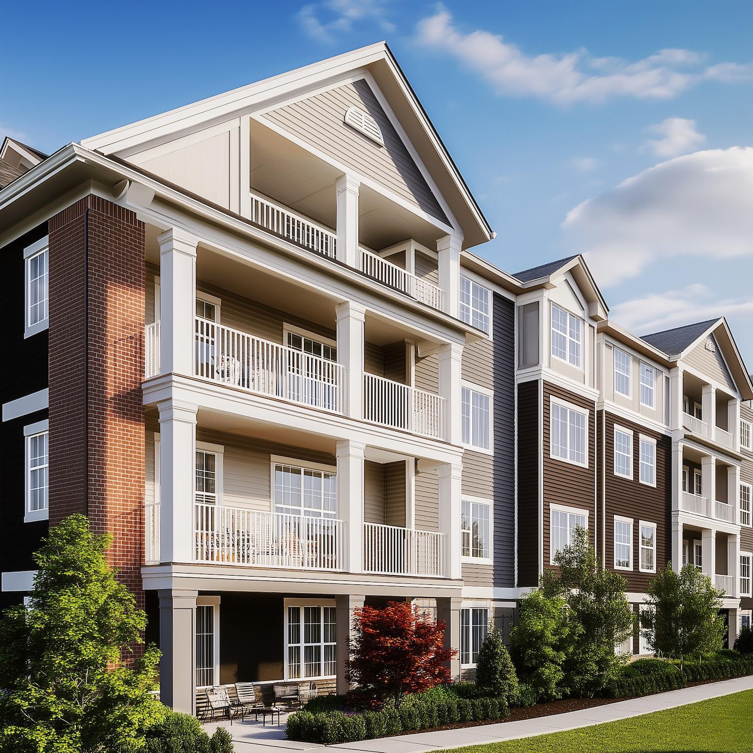 Exterior view of a modern multi-story apartment building with balconies and landscaped surroundings.